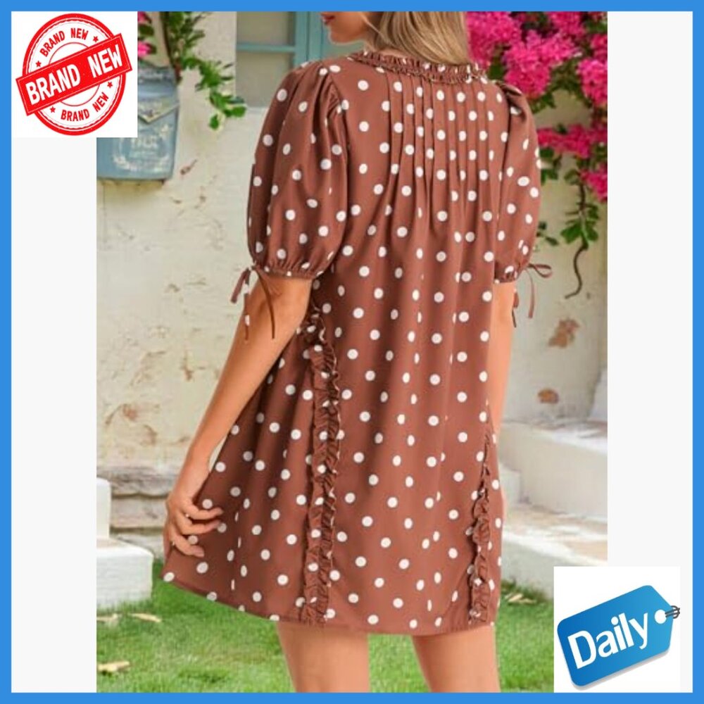 Babydoll Mini Dress with Pockets, Polka Dot, Square Neck, Short Sleeve - Picture 5 of 6